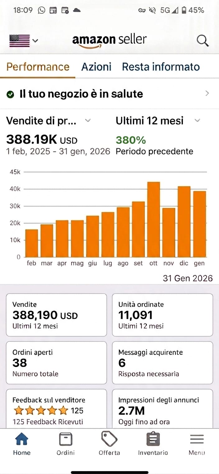 Dashboard reale del cliente: 388K USD, +380%, 11.091 unità ordinate.